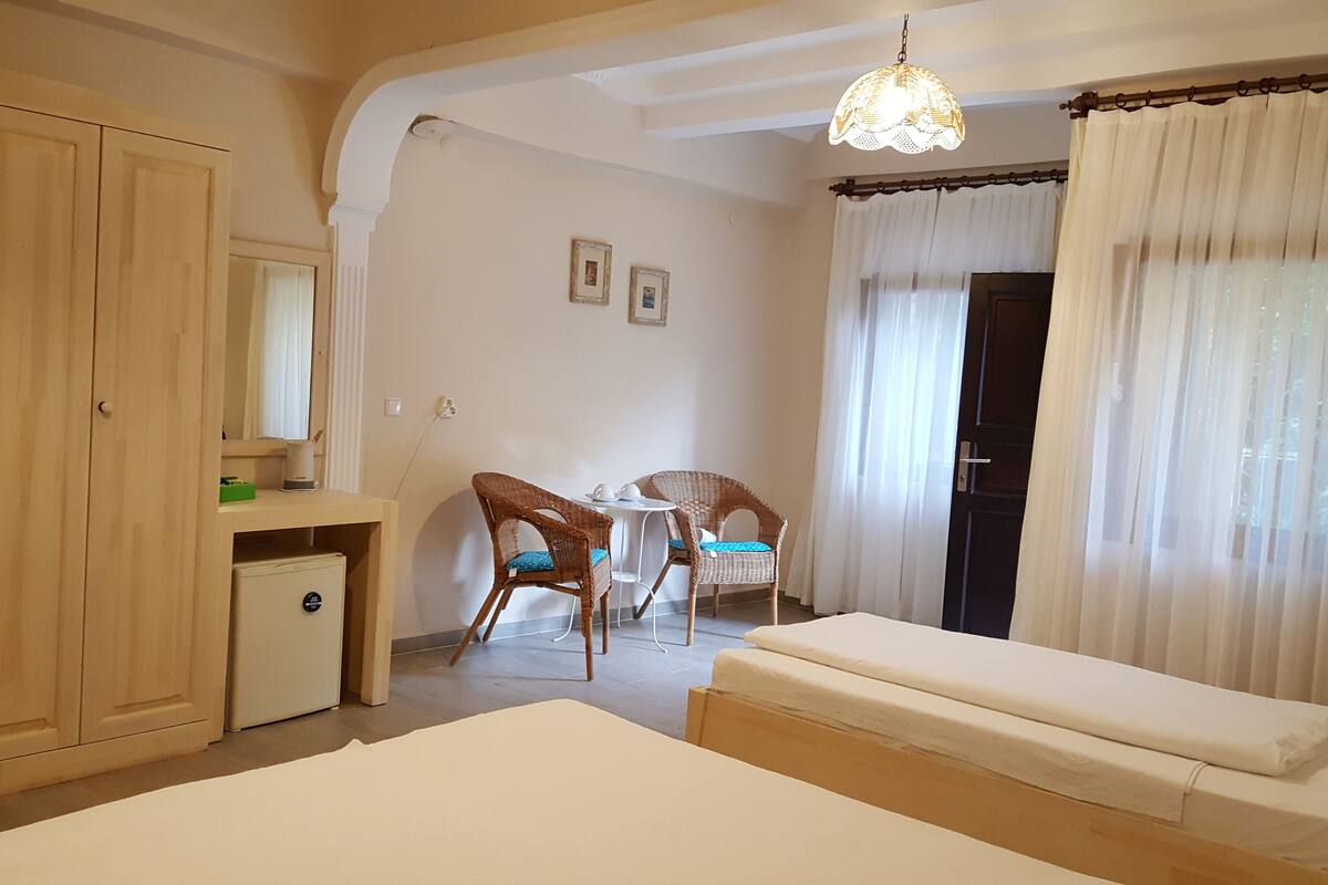 A room with a bed, a desk, two chairs, a refrigerator, and a door.