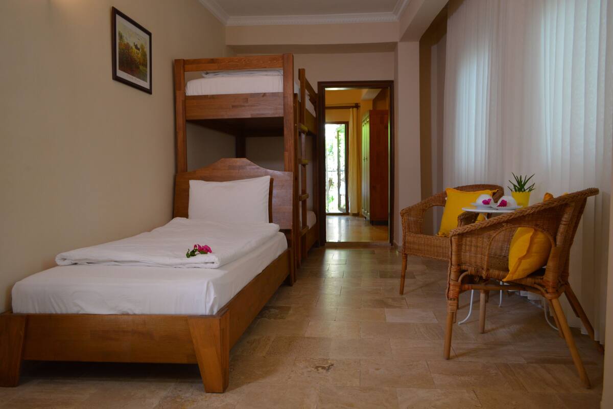 A room with a wooden bunk bed, a single bed, a wicker chair, and a small table with a plant.