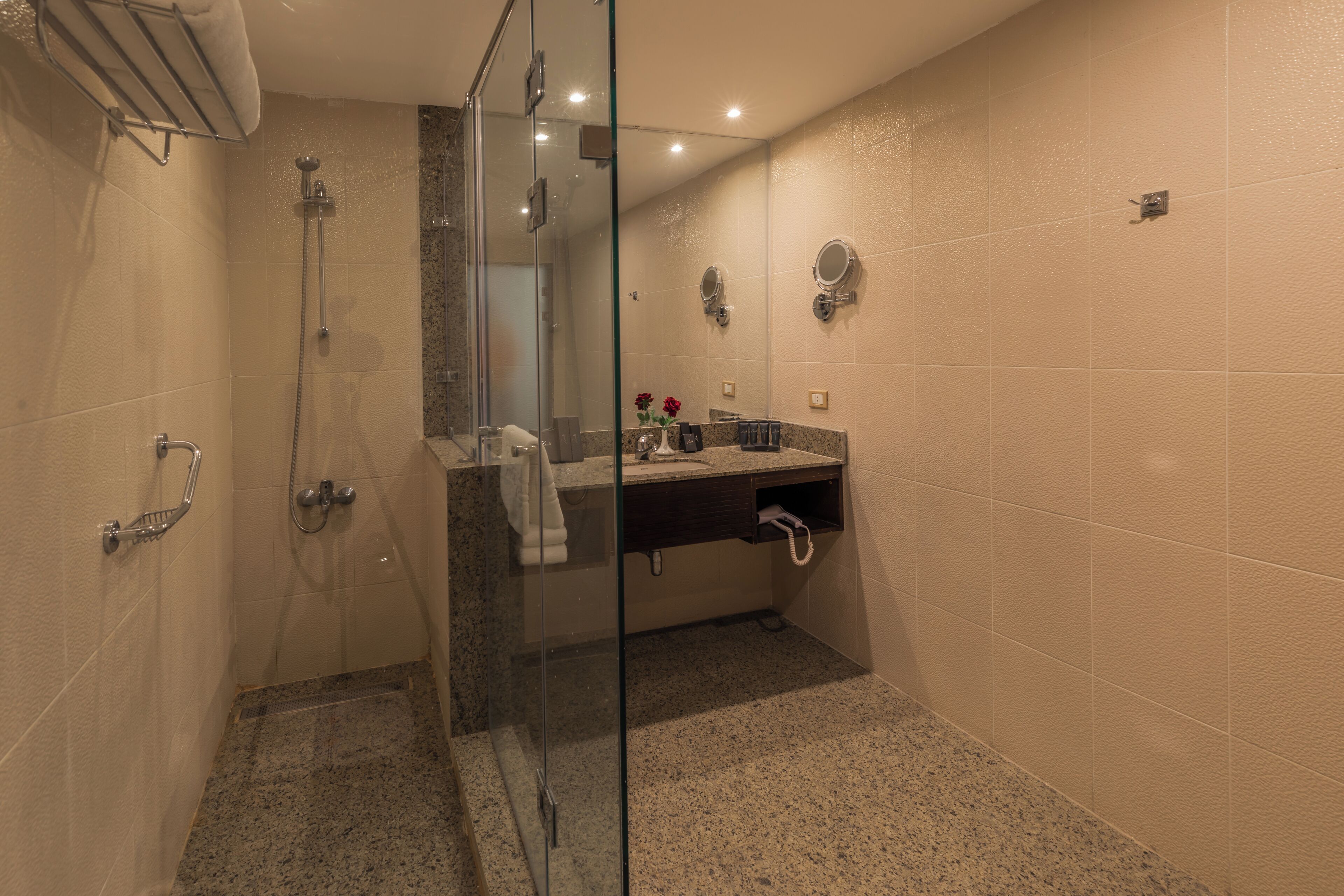 A modern bathroom with a glass shower enclosure, a vanity with a mirror, and a towel rack.
