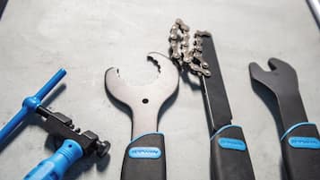 A set of tools including a wrench, a screwdriver, and a chain tool on a flat surface.