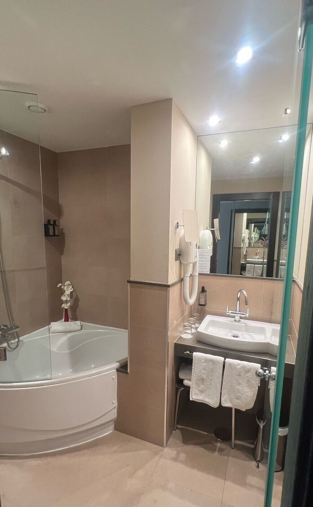 free toiletries, hair dryer, bidet, towels