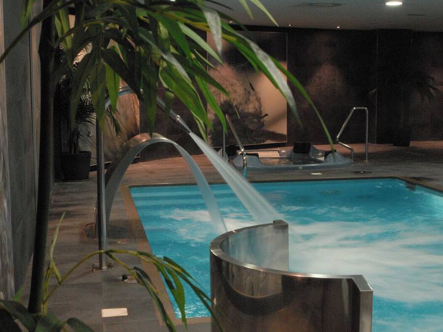 Una piscina con fuente acuática, rodeada de plantas de interior y una pared oscura.