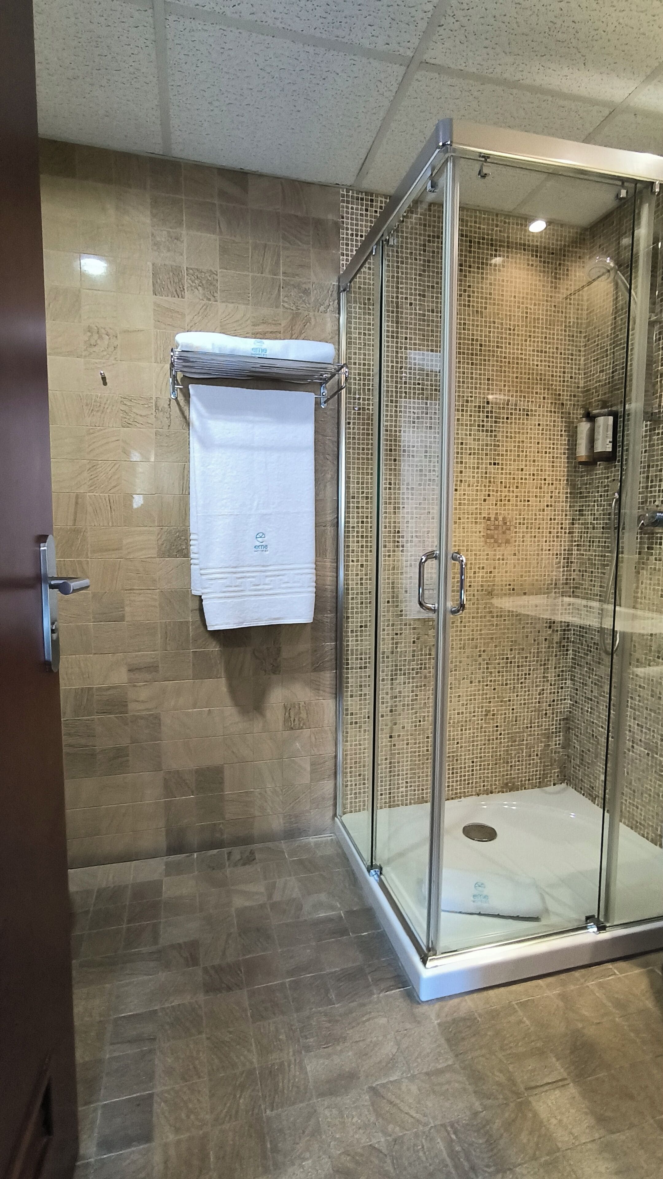 A glass-enclosed shower with a tiled floor and walls, a towel rack with a folded towel, and a door with a handle.