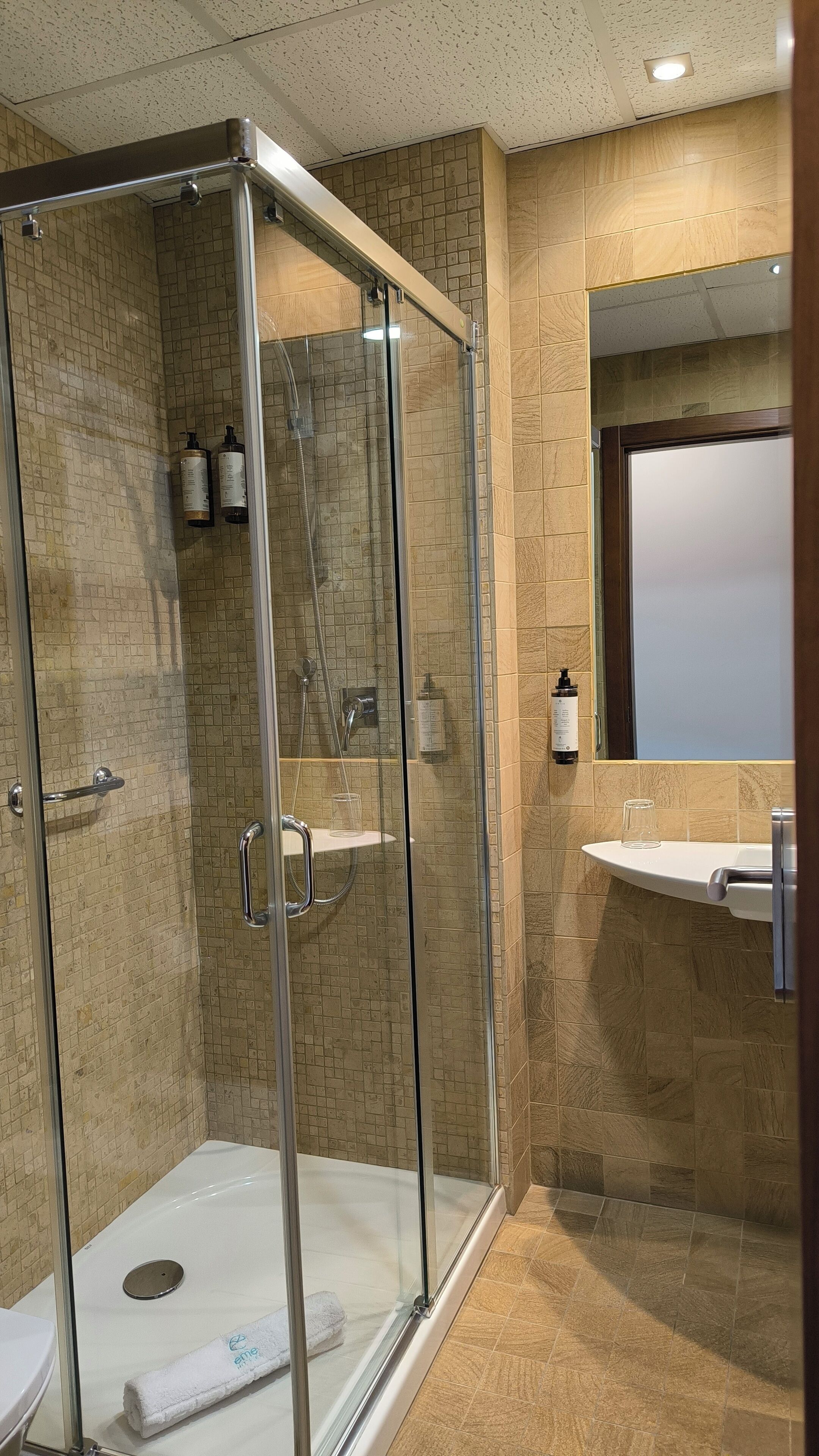A modern bathroom with a glass-enclosed shower, a white sink, and a mirror.