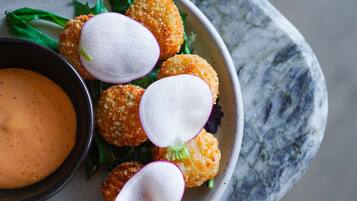 A plate with breaded items, radish slices, and a dipping sauce.