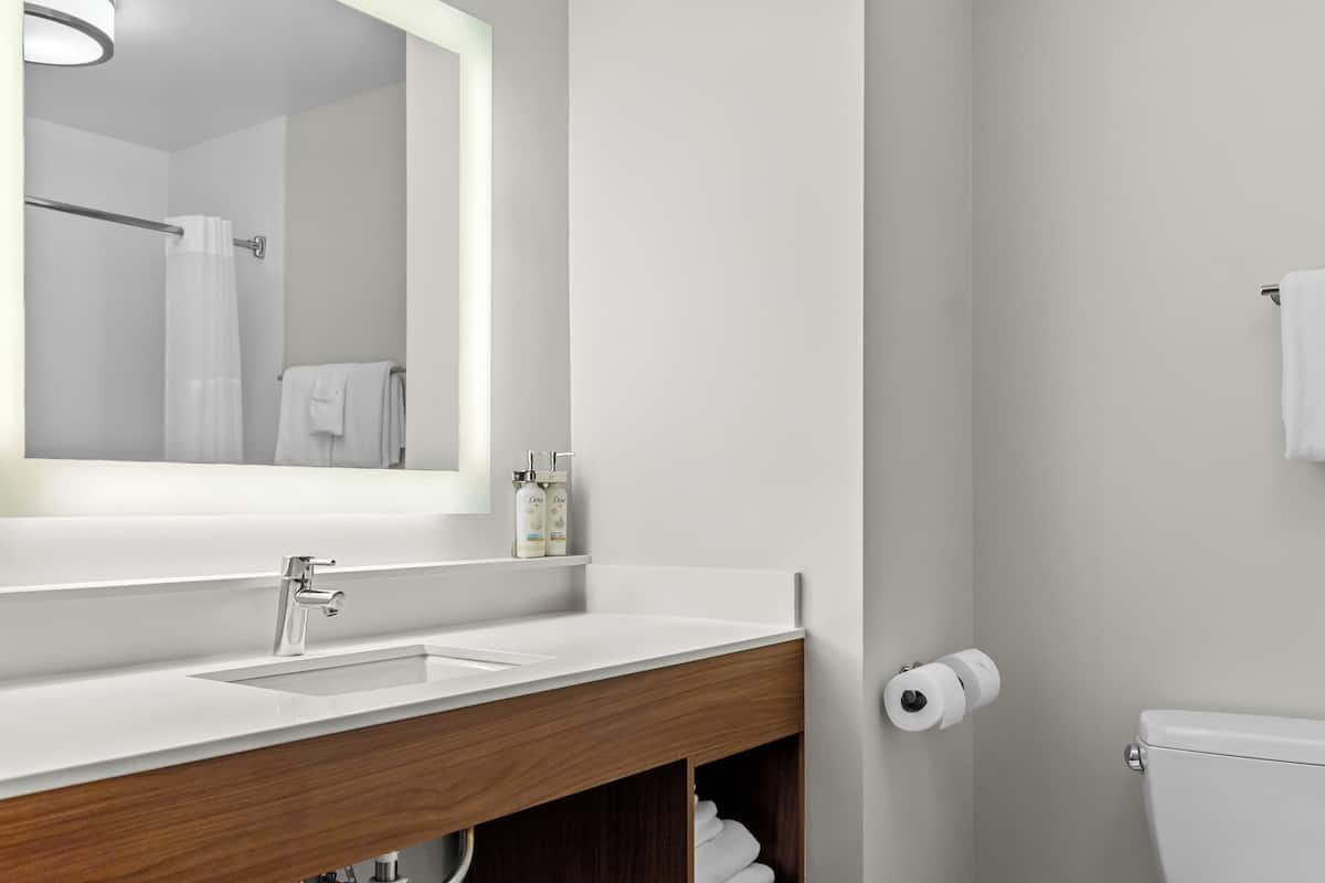 Combined shower/bathtub, free toiletries, hair dryer, towels