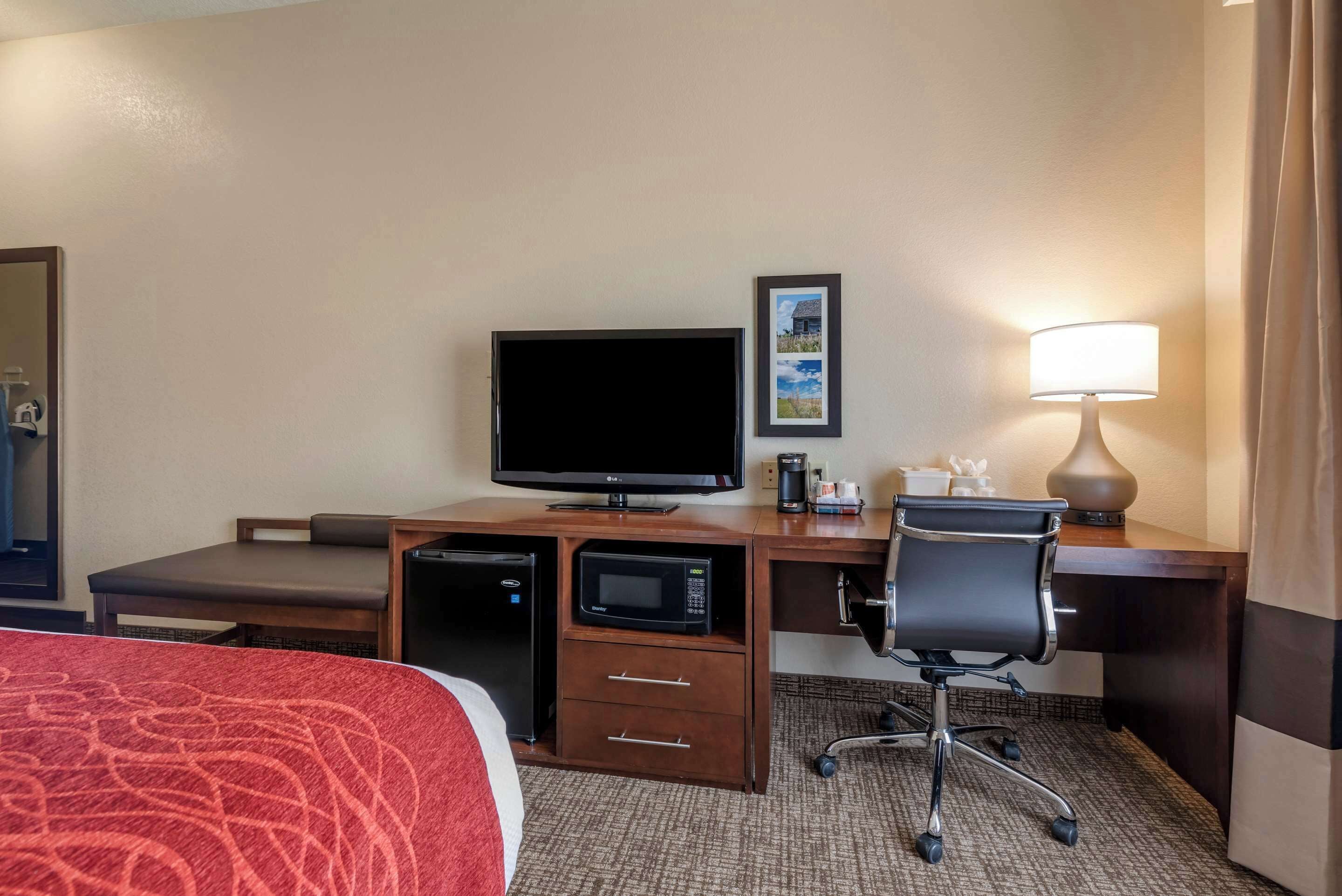 Une chambre d’hôtel comprenant un lit, un bureau avec une télévision, un four à micro-ondes, une chaise et une lampe.