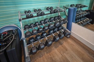 Un gimnasio con varias filas de mancuernas en estanterías, un rodillo de espuma azul y una cinta de correr.