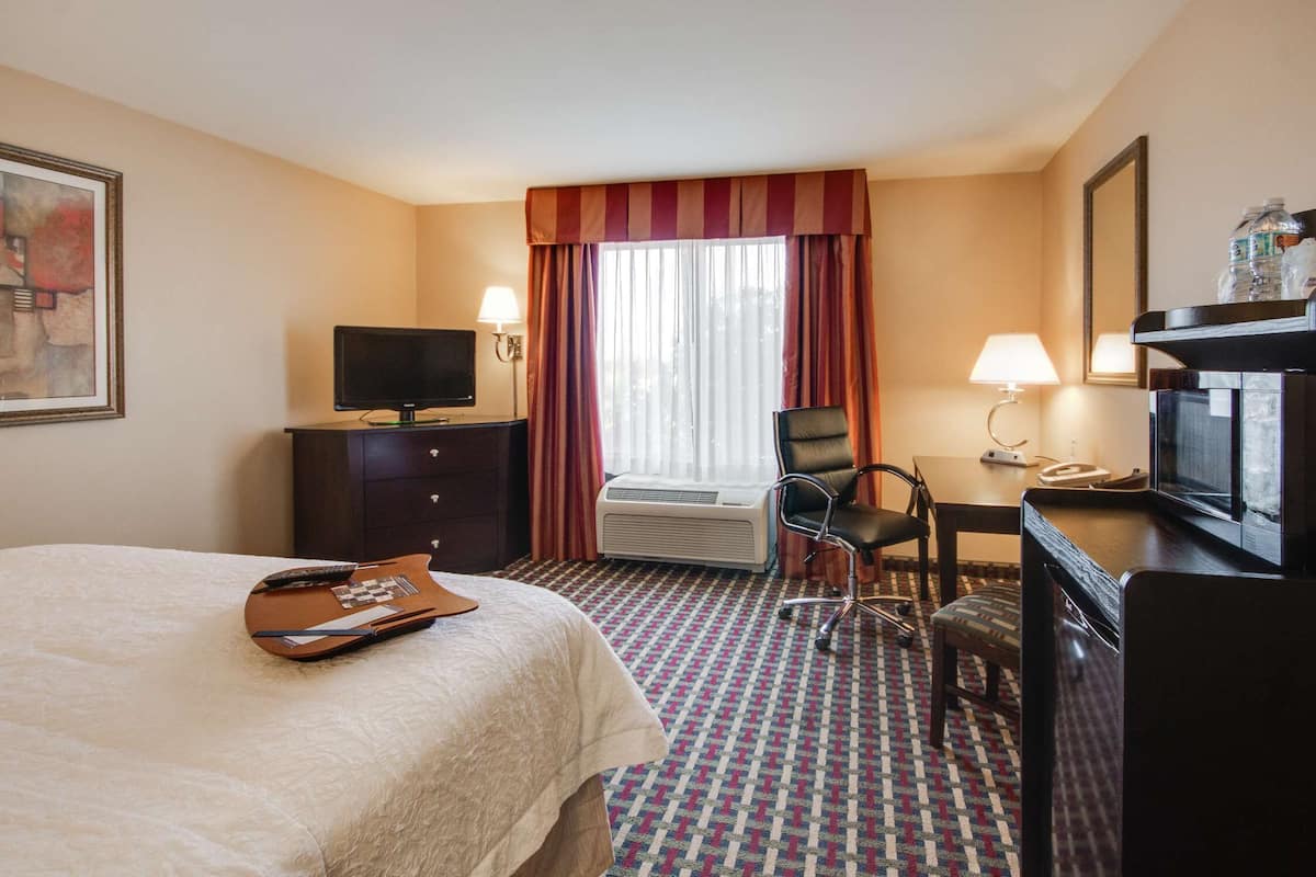 A hotel room with a bed, a desk with a computer, a chair, a television, and a window with curtains.