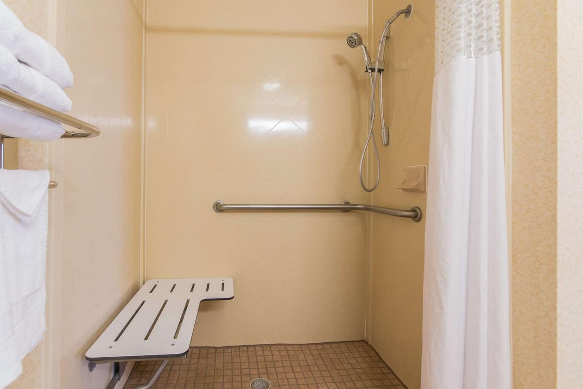 A small, enclosed shower area with a grab bar, a showerhead, and a white towel rack.