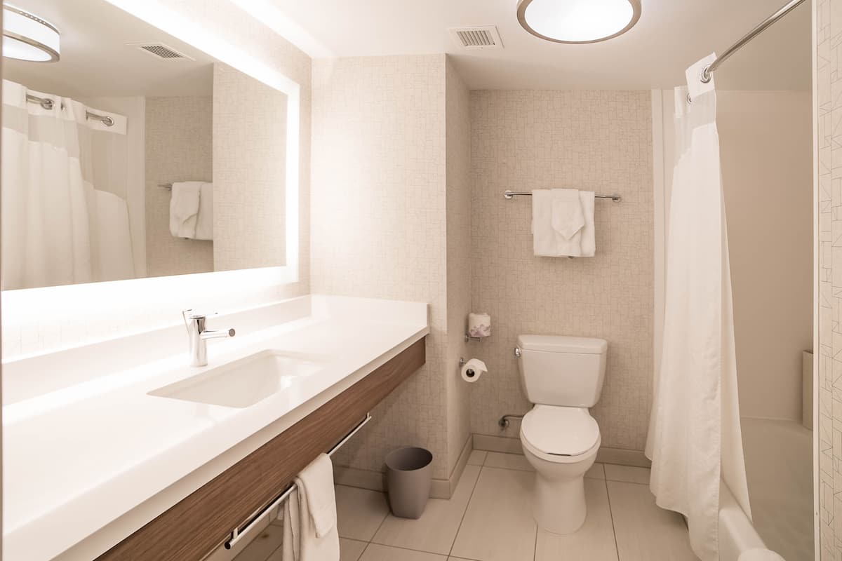 combined shower/bathtub, hydromassage showerhead, free toiletries