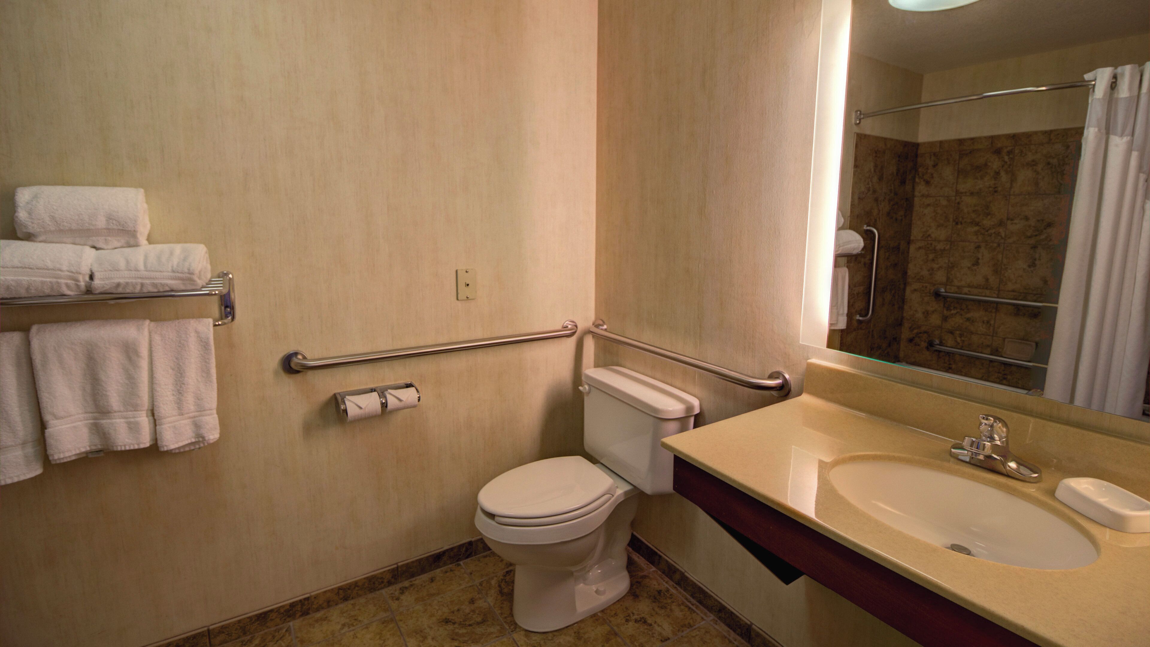 Un baño con inodoro, lavamanos, espejo y toallero.