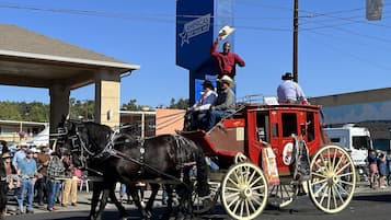 Un carruaje rojo tirado por dos caballos, con un vaquero arriba y una persona con camisa roja saludando.