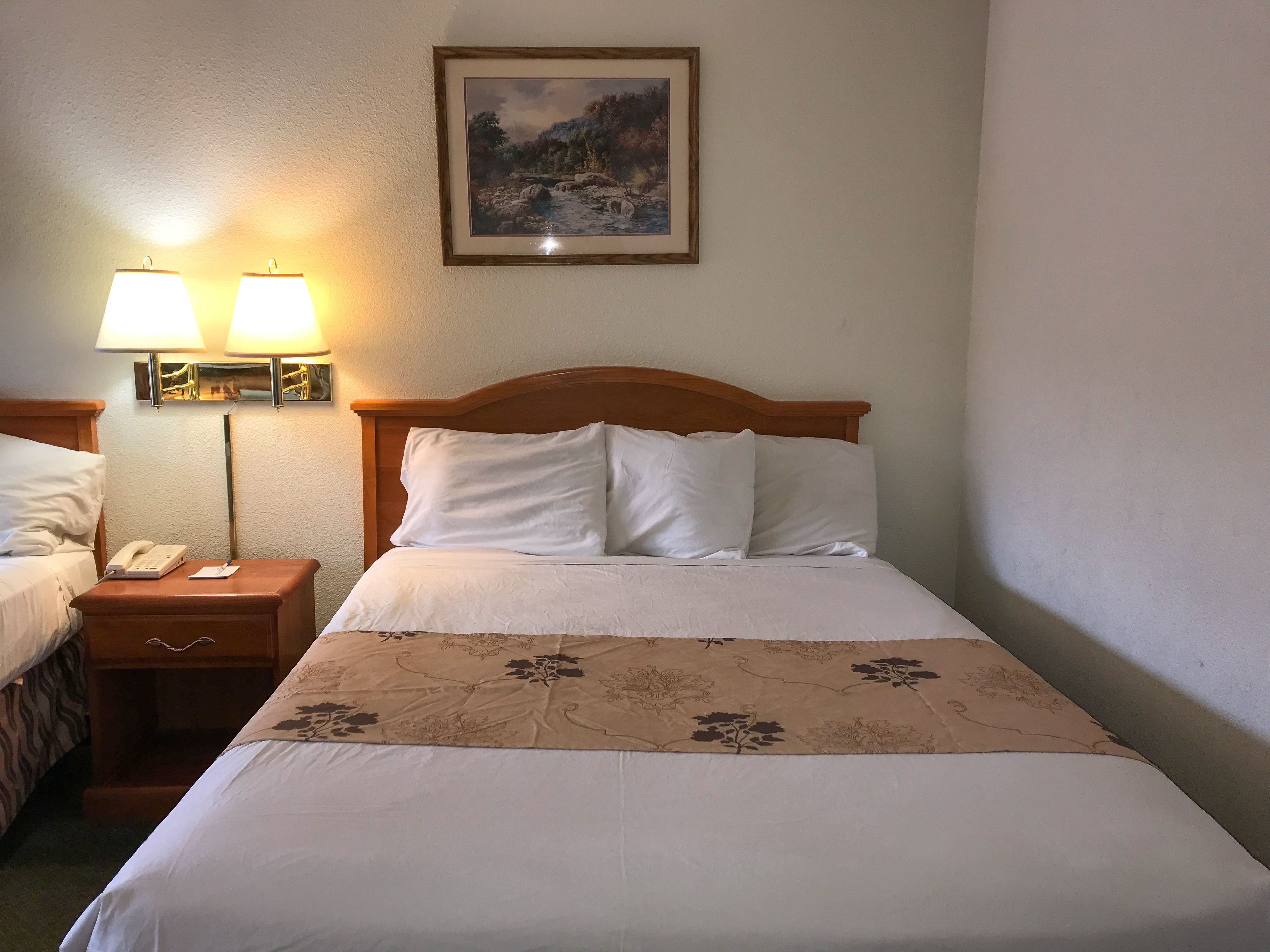 A hotel room with a large bed, two bedside lamps, a painting on the wall, and a telephone on the nightstand.