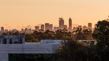 Un horizonte urbano al atardecer con edificios modernos y grúas de construcción.