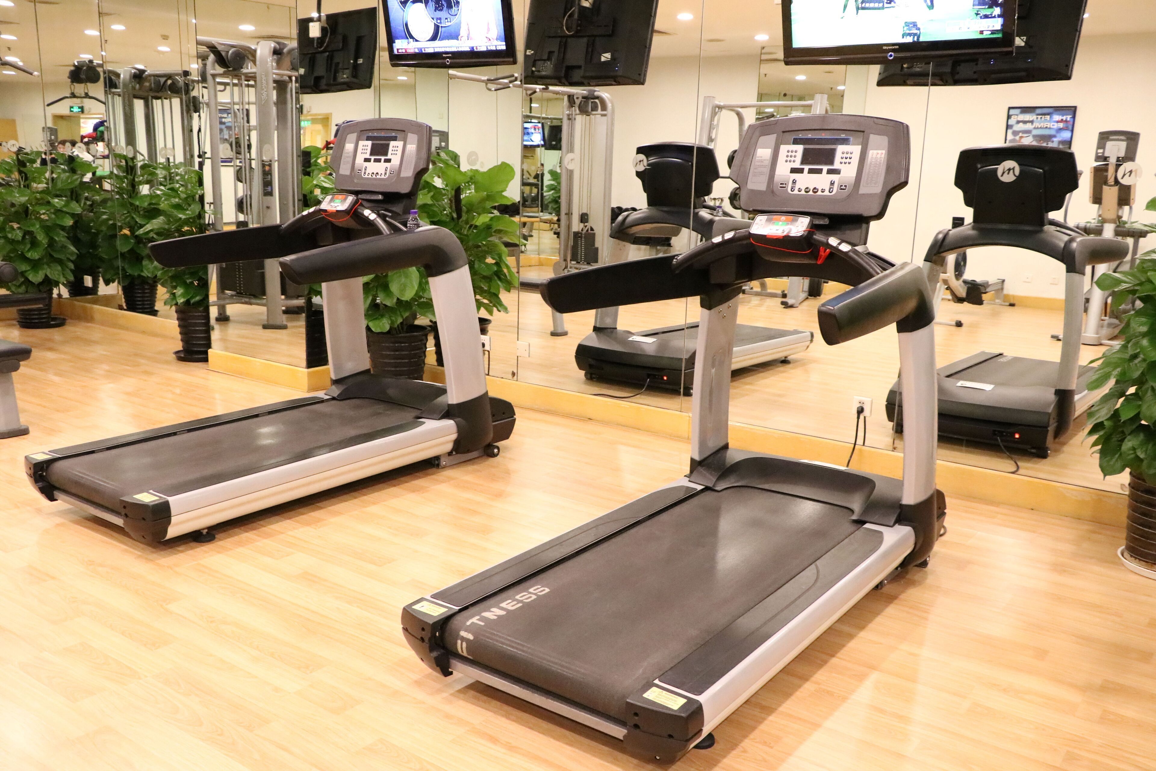 Un gimnasio con cintas de correr, equipamiento de ejercicio y plantas en macetas.