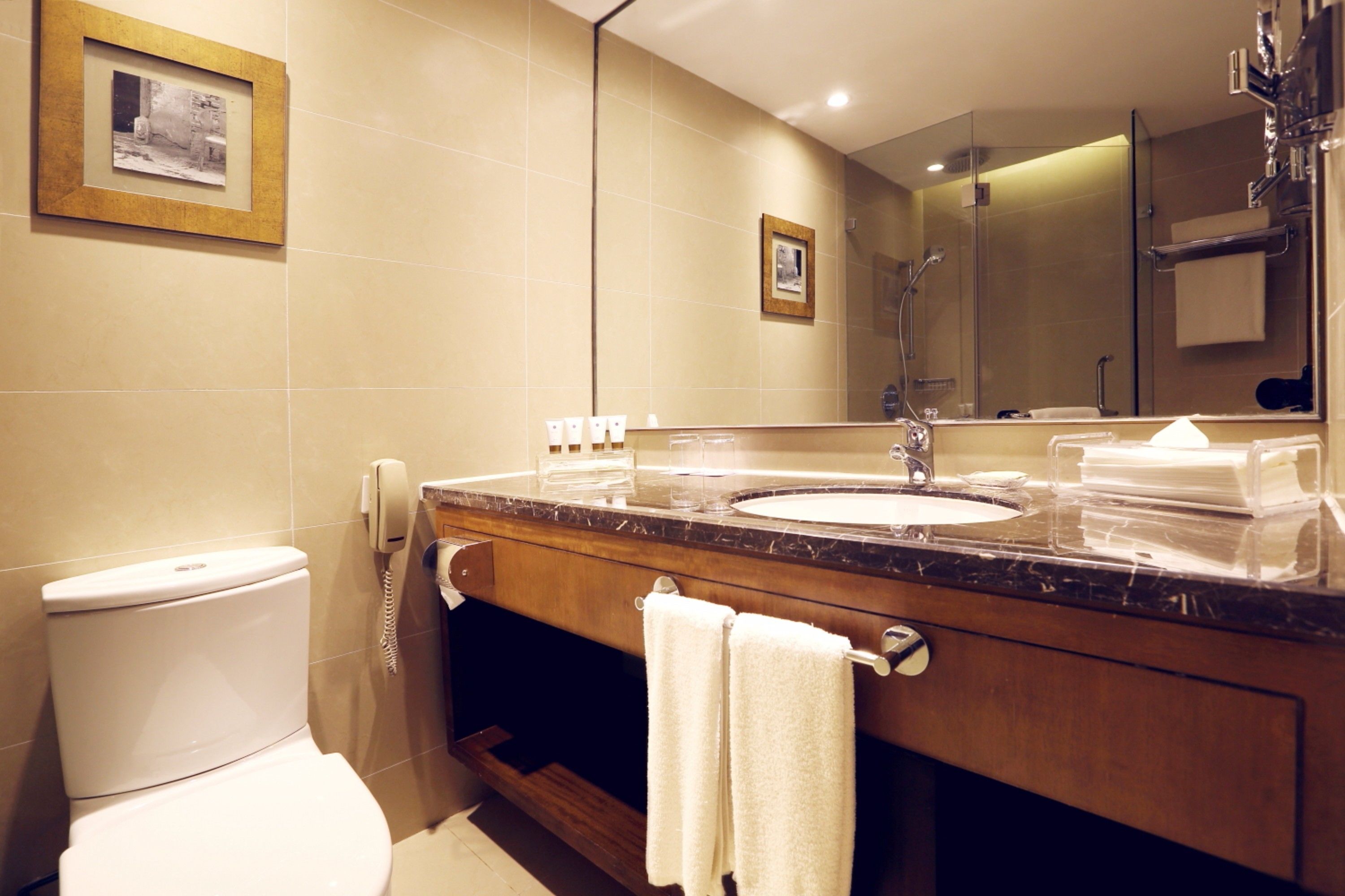 A bathroom with a toilet, sink, and mirror. There are towels hanging on the towel rack and a framed picture on the wall.