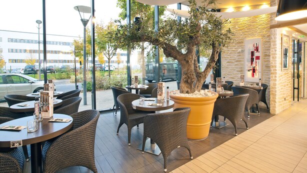 Een terras met rieten meubels, een grote potplant en uitzicht op de straat.