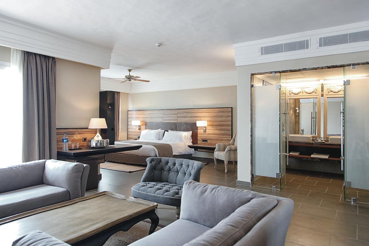 Une chambre d’hôtel comprenant un lit, un coin salon avec un canapé et un fauteuil, une petite table et une salle de bain avec un miroir et un lavabo.
