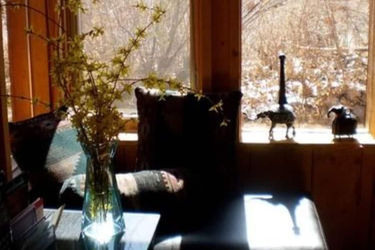 A wooden cabin interior with a window view of a forest, a vase with branches, and a small statue on the windowsill.