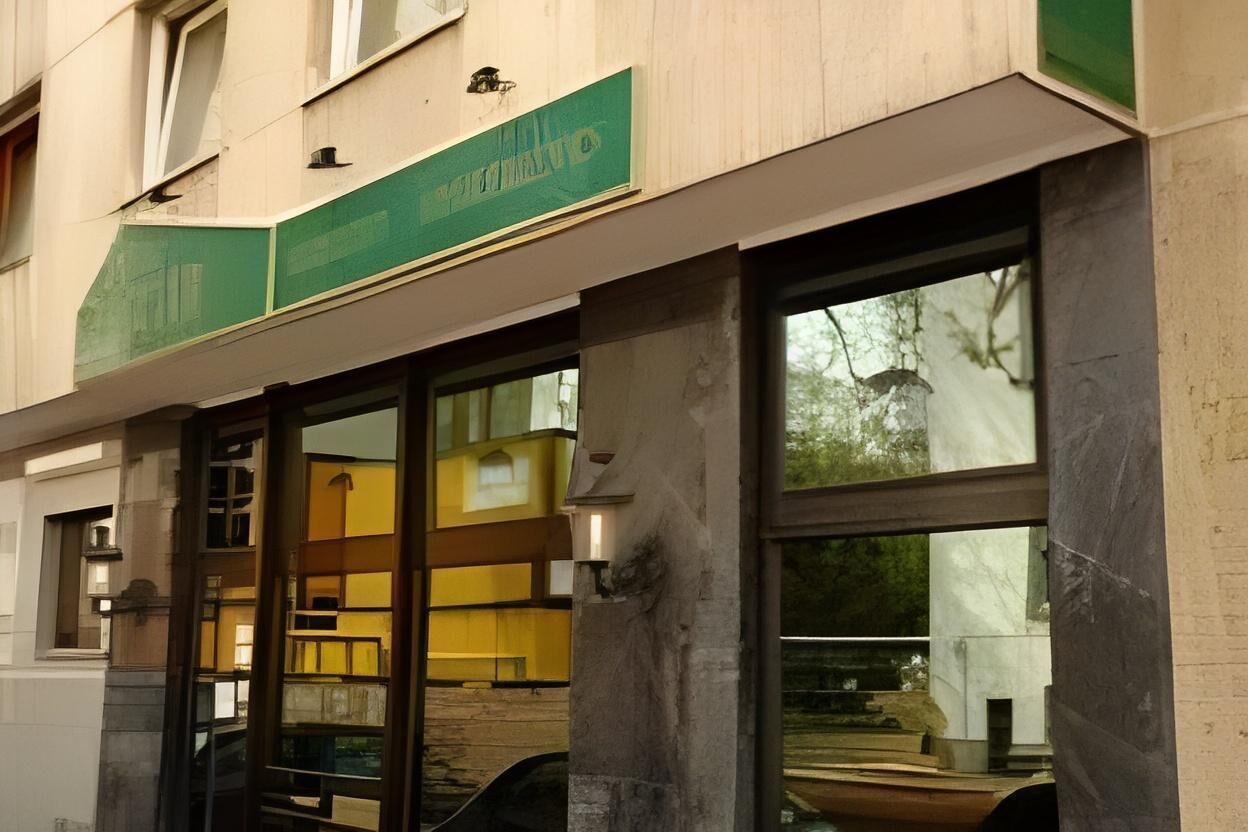 Ein Gebäude mit großen Fenstern, einer grünen Beschilderung und einem sichtbaren Innenraum mit gelben Wänden.