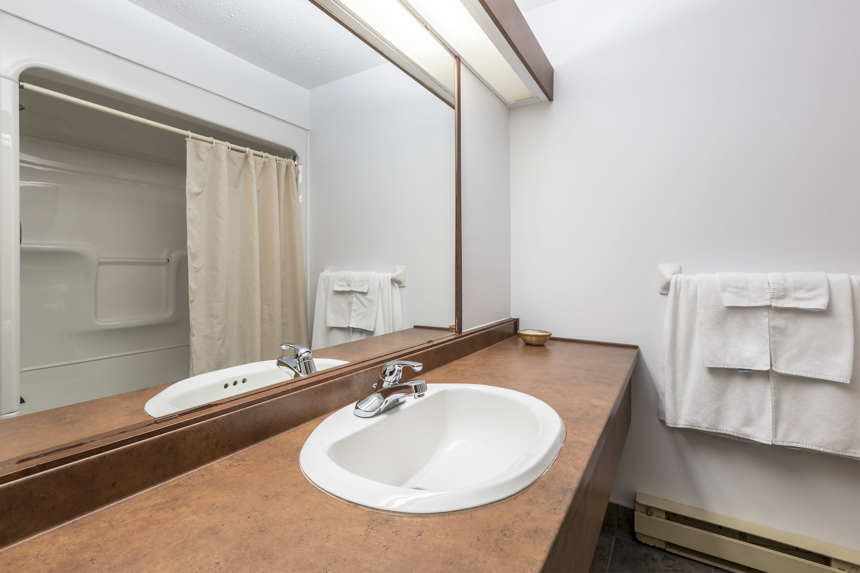 combined shower/bathtub, hair dryer, towels