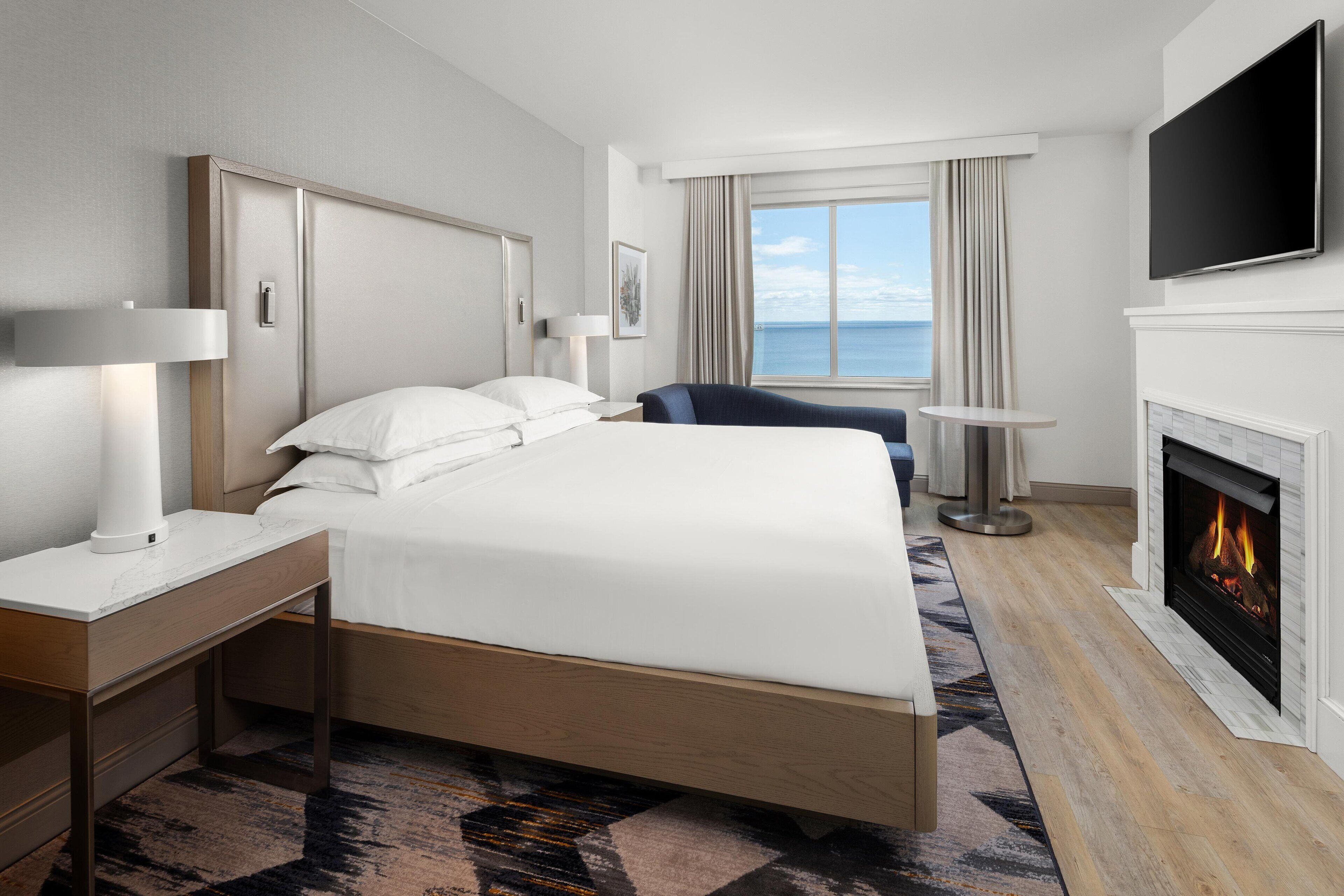 premium bedding, desk, blackout curtains, iron/ironing board