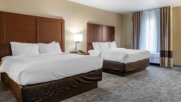 Premium bedding, desk, blackout drapes, iron/ironing board