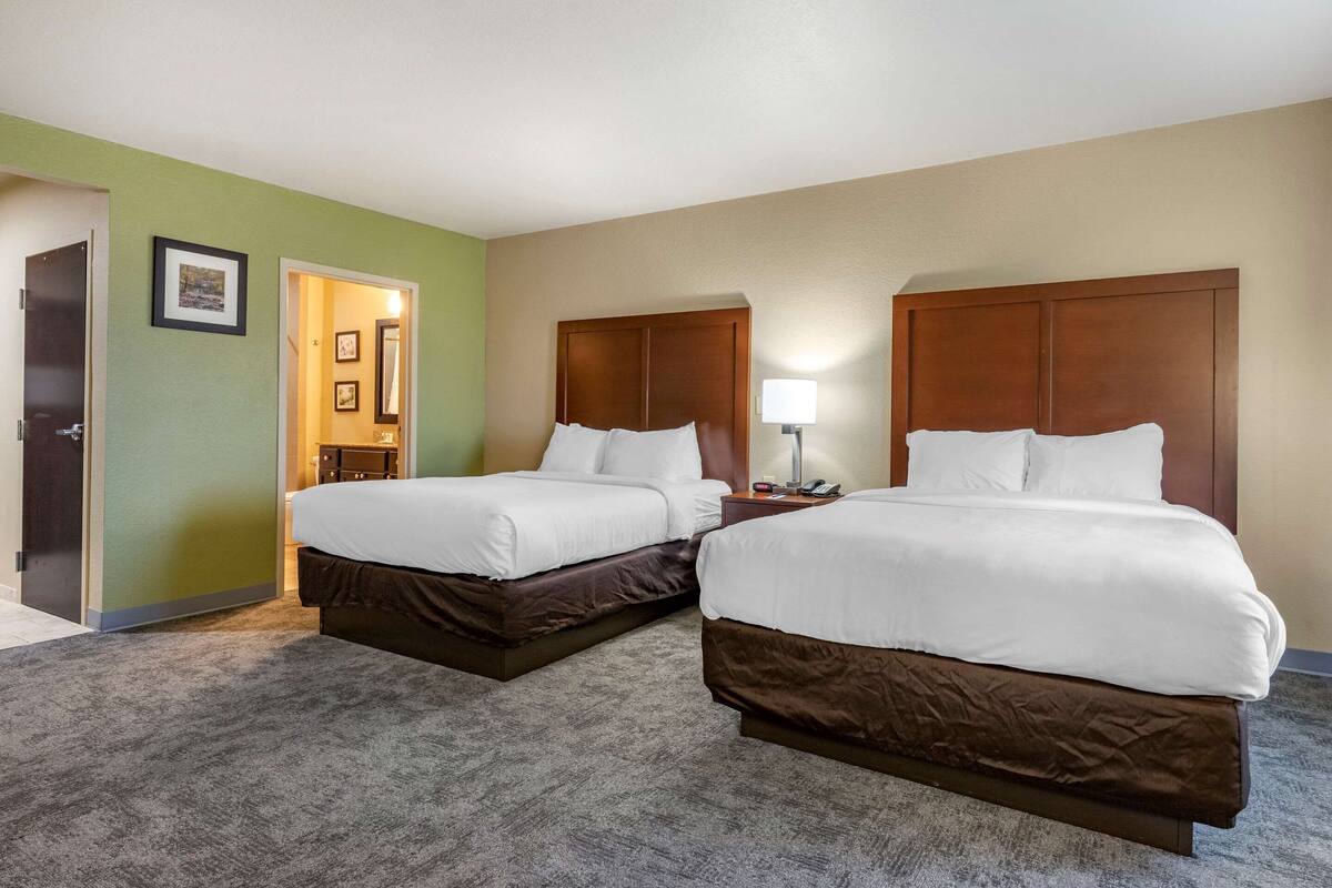 A hotel room with two beds, a green wall, and a carpeted floor.