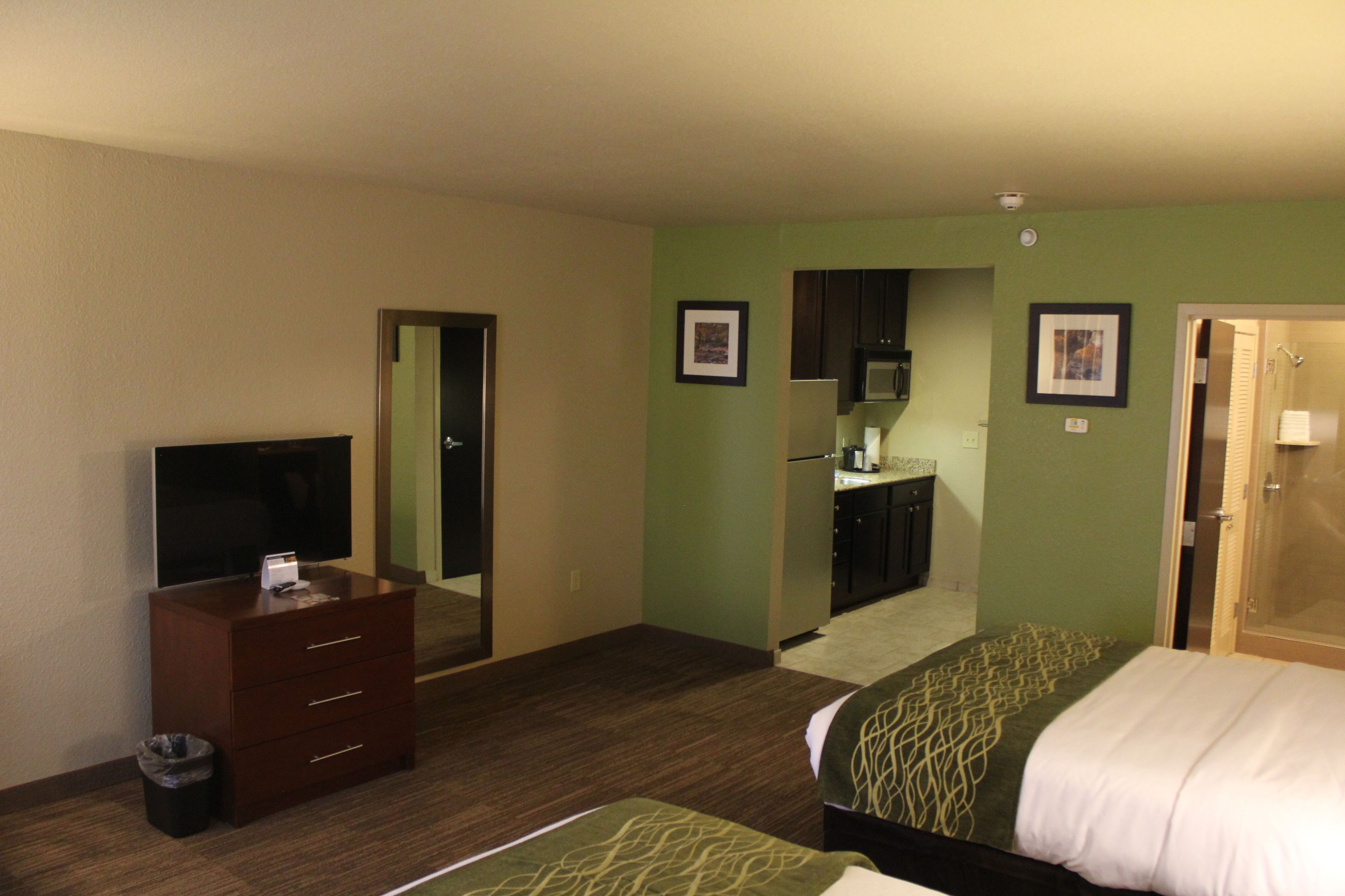 Una habitación de hotel con cama, cómoda, televisor y un pequeño cubo de basura.