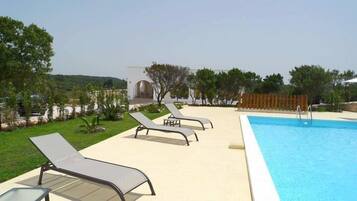 Seasonal outdoor pool, pool umbrellas, pool loungers