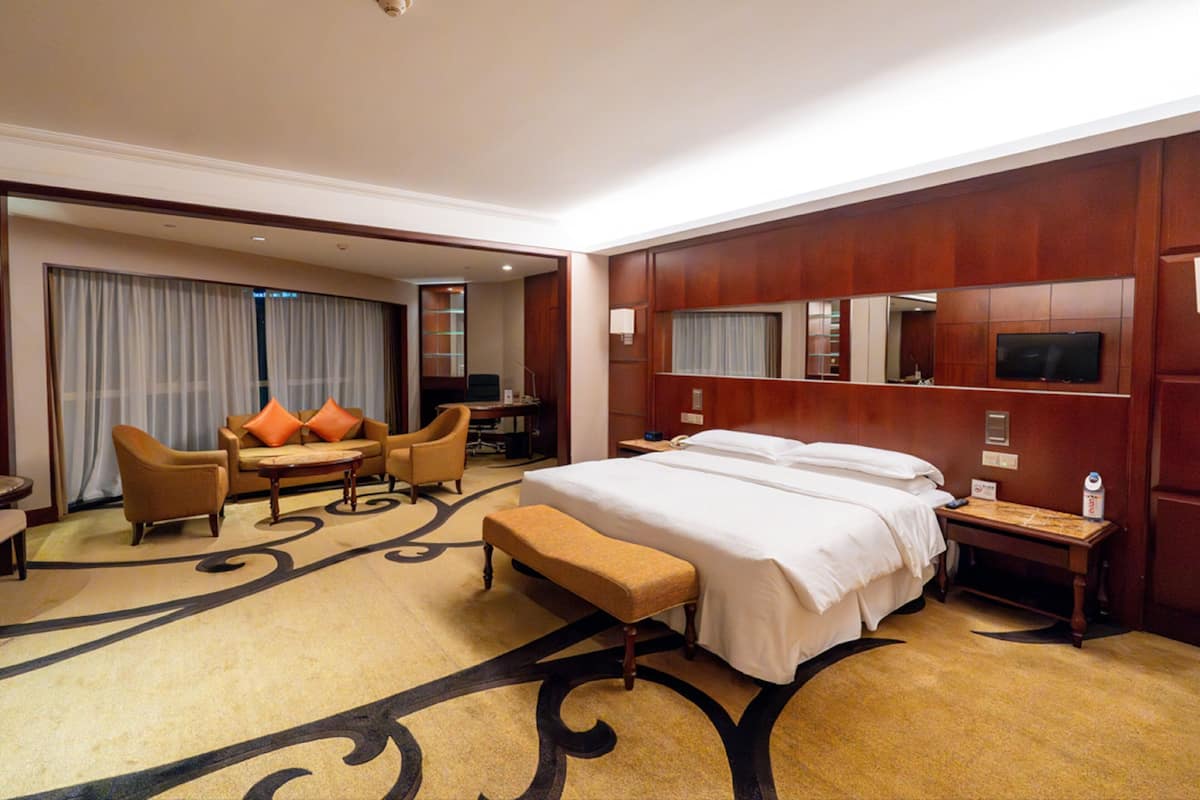 Une chambre d’hôtel avec un grand lit, un canapé, un bureau et une télévision.