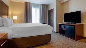 Quarto de hotel com uma cama grande, televisão, mini-geladeira e porta para o banheiro.