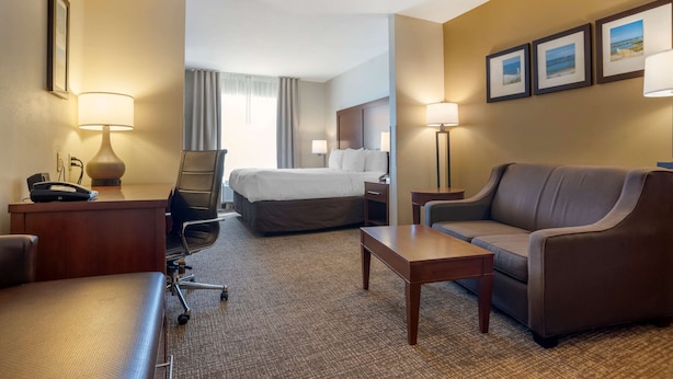 Quarto de hotel com cama, sofá, escrivaninha com abajur, poltrona e piso coberto por carpete.