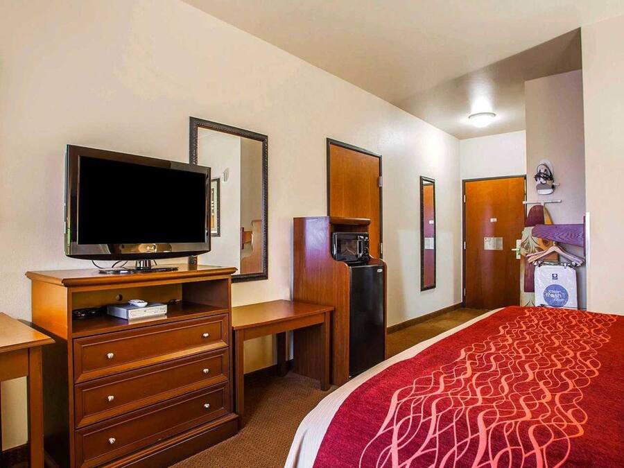 A hotel room with a bed, a television, a dresser, a microwave, and a coat rack.