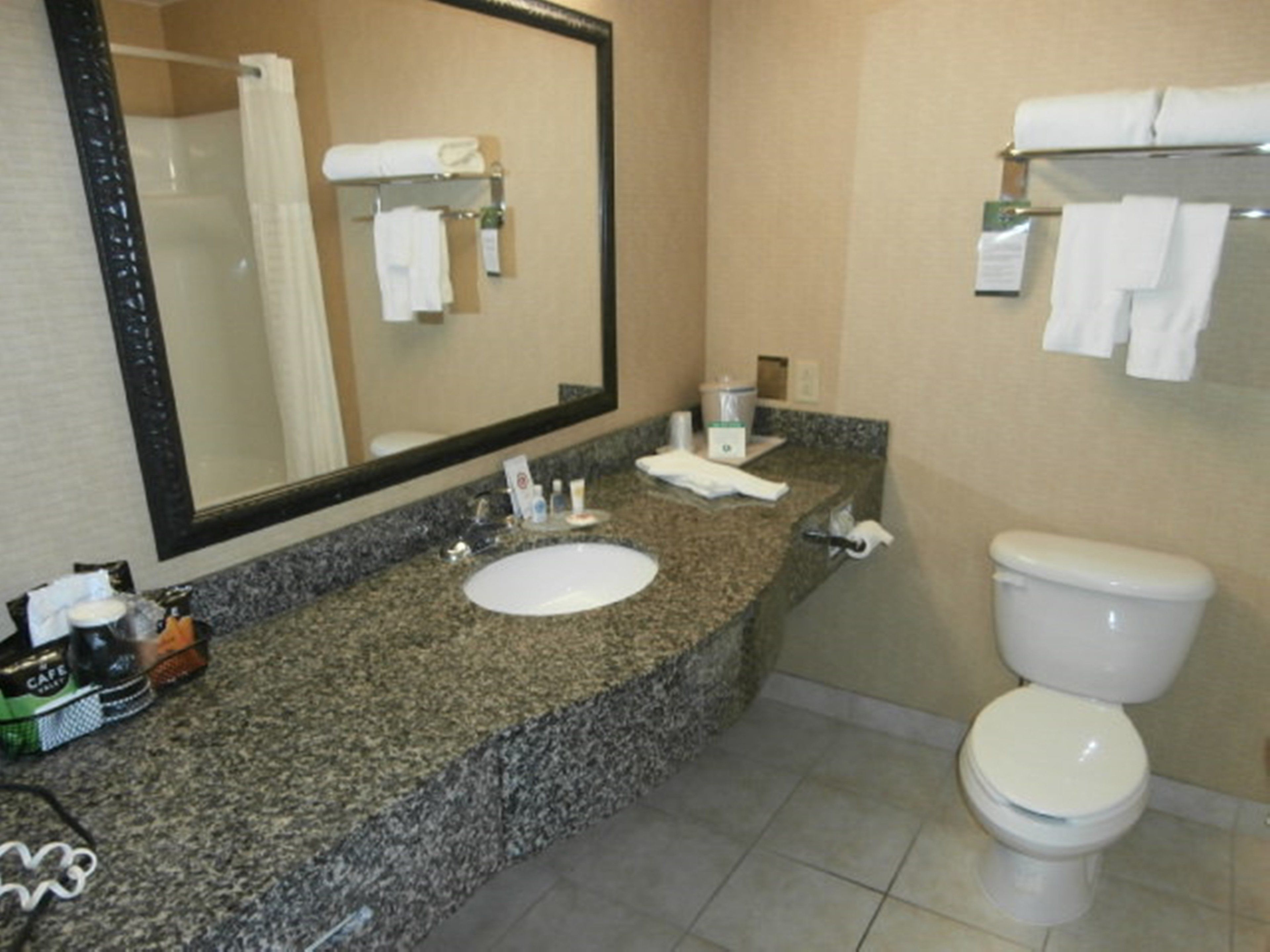 combined shower/bathtub, free toiletries, hair dryer, towels