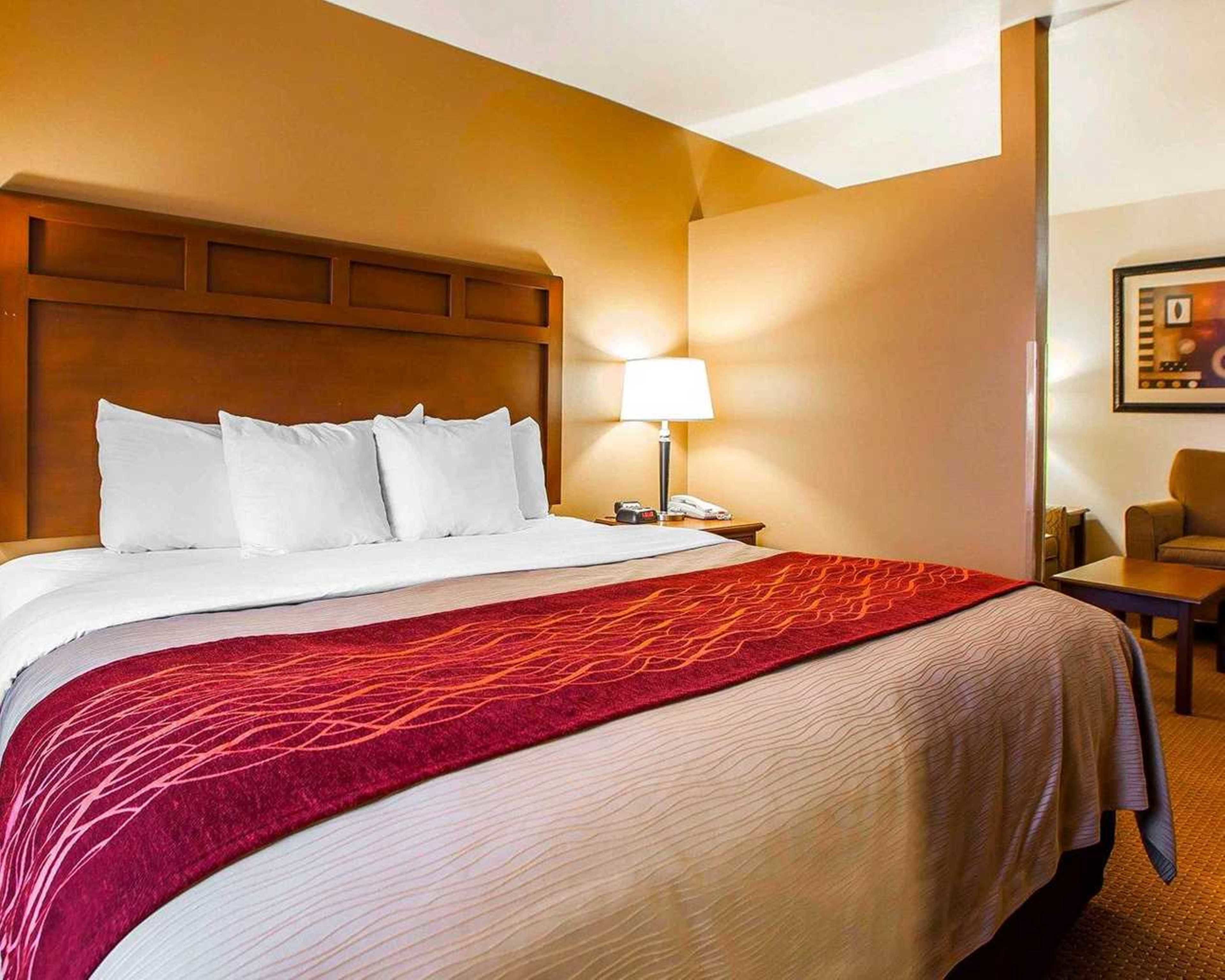 A hotel room with a large bed, a wooden headboard, a bedside table with a lamp, a chair, and a framed picture on the wall.