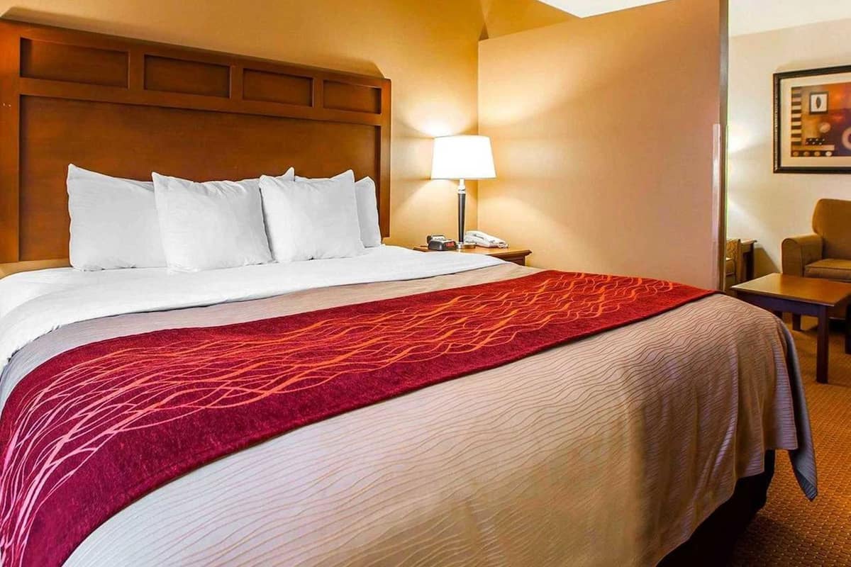 A hotel room with a large bed, a bedside lamp, a chair, and a desk.