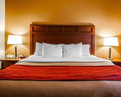 Una habitación de hotel con una cama grande, dos lámparas de noche, una mesita de noche con un teléfono y una manta roja.
