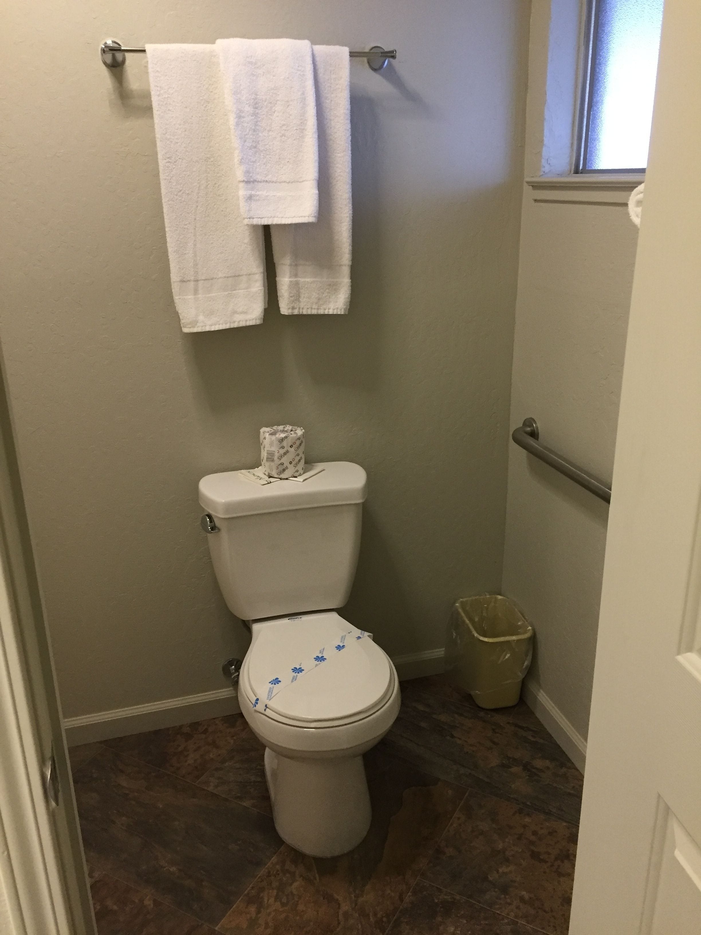 A small bathroom with a toilet, a trash can, and a towel rack with two white towels.