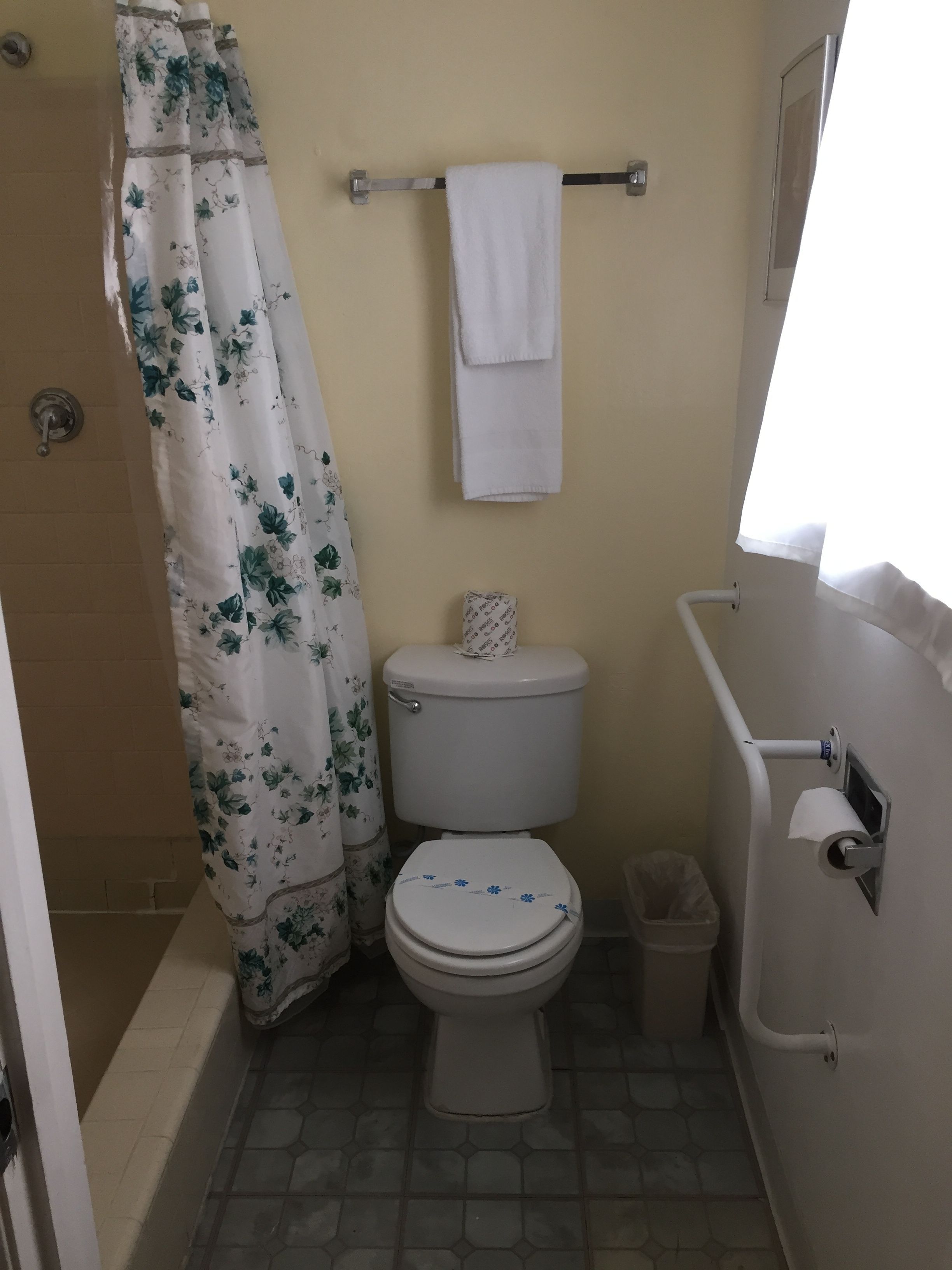 A bathroom with a toilet, a shower curtain, a towel rack, and a trash bin.