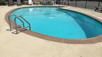 Seasonal outdoor pool, pool umbrellas, pool loungers
