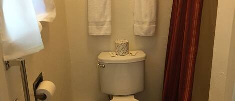 Un baño pequeño con un inodoro, dos toalleros, un dispensador de papel higiénico y una cortina de ducha.