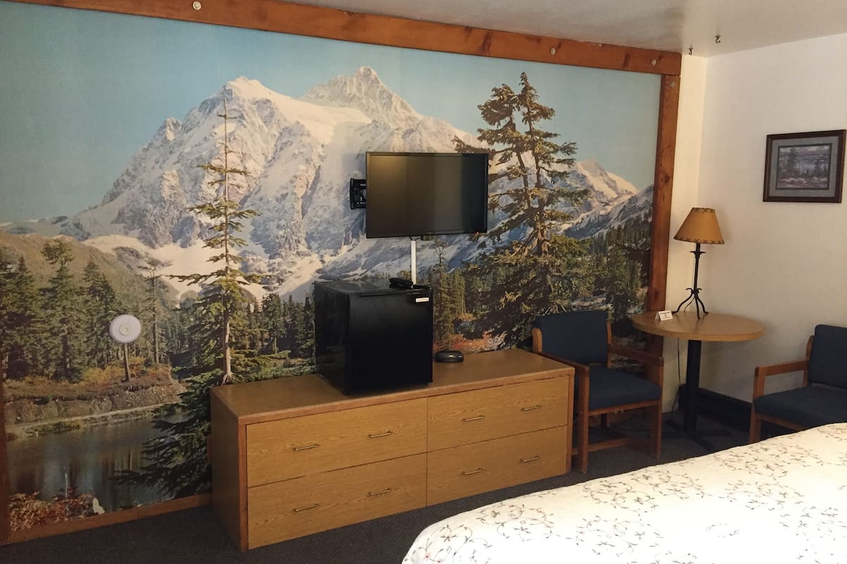 A hotel room with a mountain mural, a TV on a wooden dresser, a desk with a lamp, and a bed with a floral bedspread.