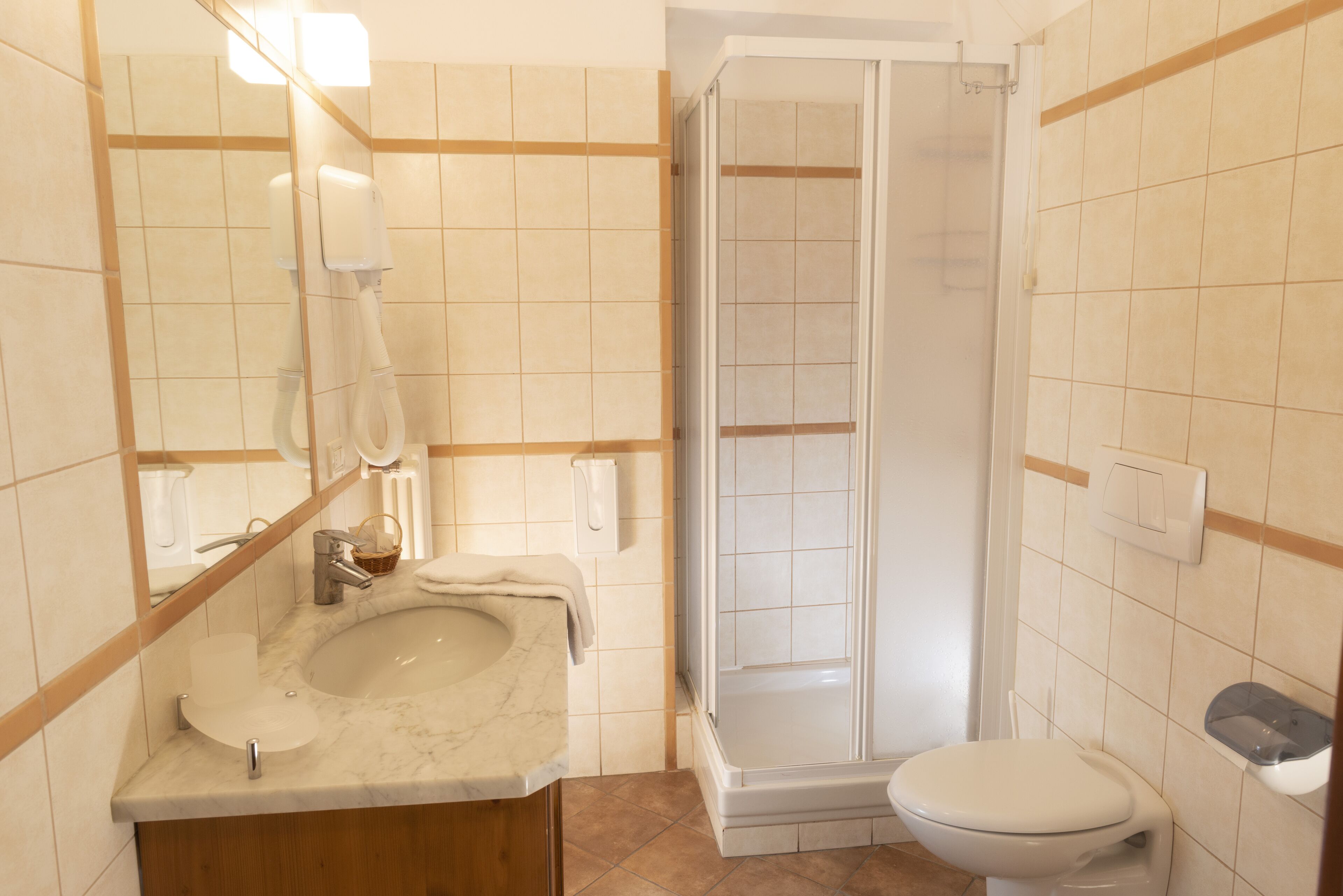 shower, hair dryer, bidet, towels