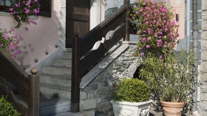 A stone staircase leading to a building with a dark wooden railing and a door. There are potted plants with pink flowers on the steps. - Chateau (Saint-Pierre)
