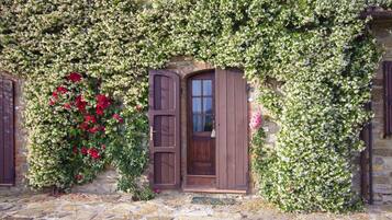 Ein Steinhaus mit einer Holztür und einem Fenster, das von Kletterpflanzen und Blumen überwuchert ist.