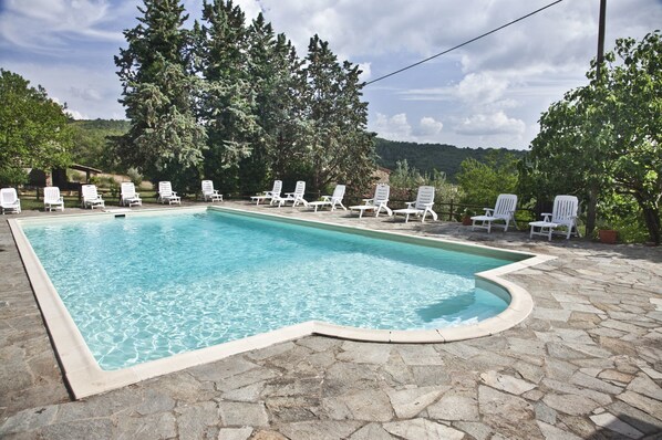 Outdoor pool, pool umbrellas, pool loungers