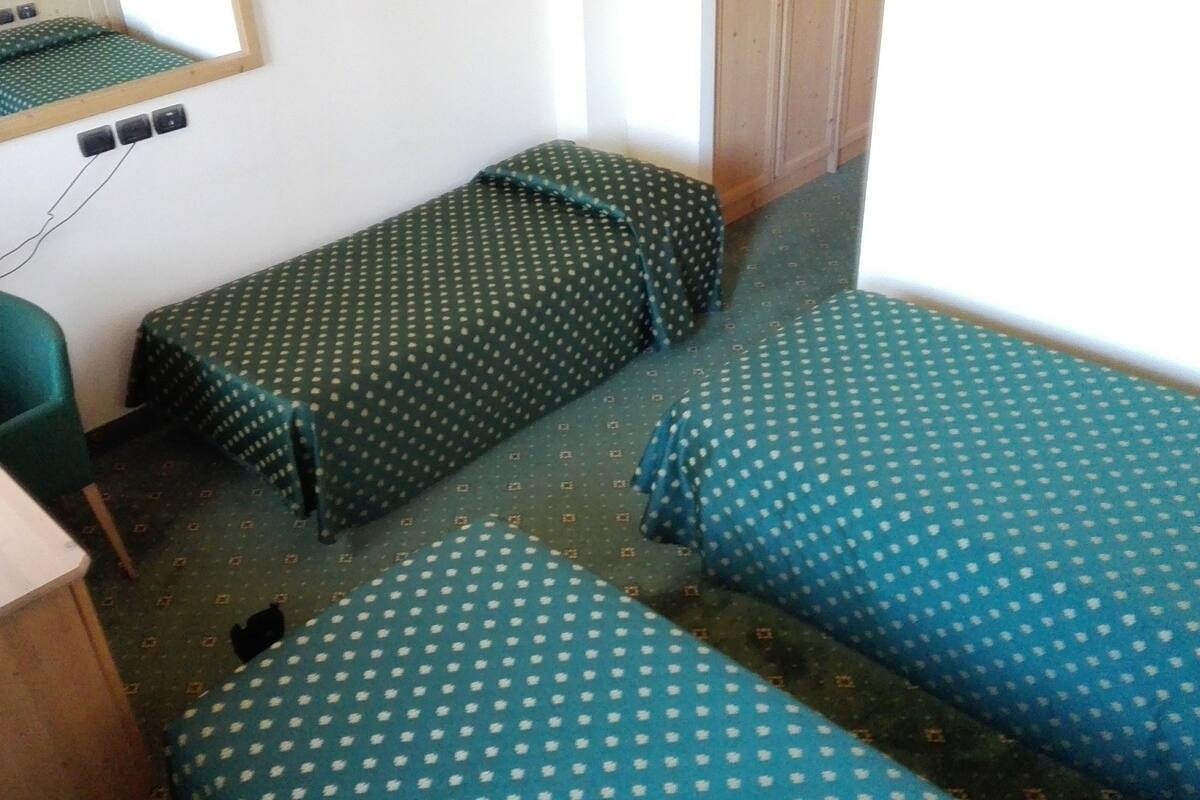 Une petite pièce, de taille modeste, comprenant deux lits simples, un bureau, une chaise et un miroir au mur.