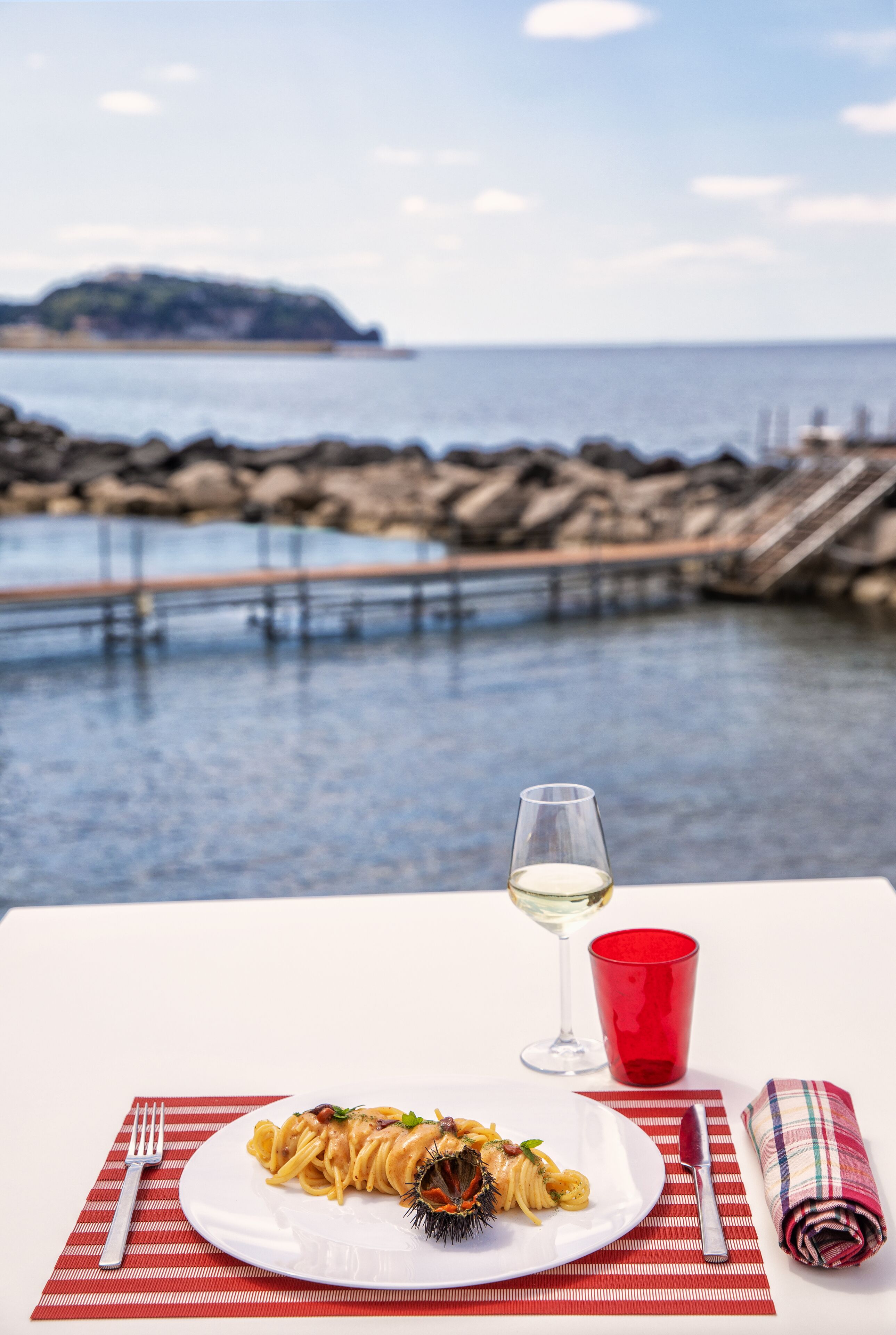 A table with a plate of pasta, a glass of white wine, and a red cup, set against a backdrop of a rocky shoreline and calm sea.